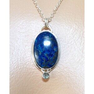 Natural Deep Blue Azurite & Blue Topaz  925 Sterling Silver Pendant